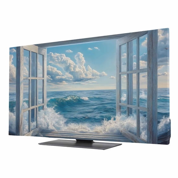 Coastal TV Cover for 24 Inch Screen, Stretch Fabric Dustproof TV Display Protector, Window Nautical Beach Blue Seaside Elastic Slipcover Monitor Cover for Indoor Desktop Computer 20.9"x11.8"