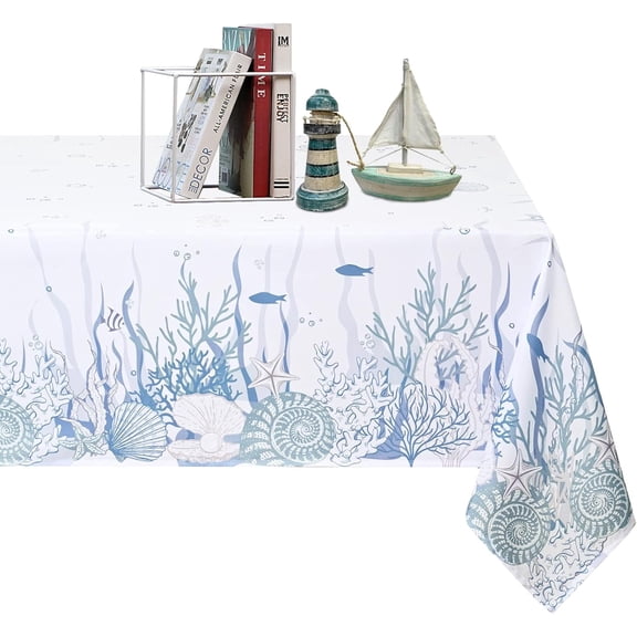Coastal Table Cloth, Nautical Coral Seashell Decorative Tablecloth, Ocean Themed Starfish Waterproof Table Cover for Dining Table Kitchen Party Picnic Camping, Rectangle 60''''x104'''', Blue