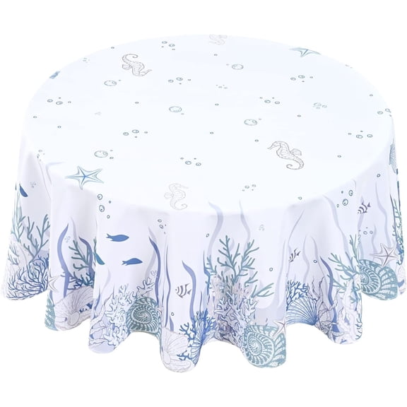Coastal Table Cloth, Nautical Coral Seashell Decorative Tablecloth, Ocean Themed Starfish Waterproof Table Cover for Dining Table Kitchen Party Picnic Camping, Round 60''''x60'''', Blue