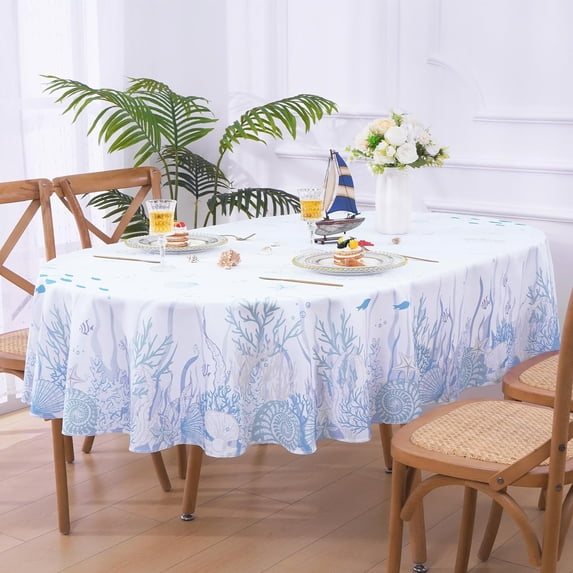 Coastal Table Cloth, Nautical Coral Seashell Decorative Tablecloth, Ocean Themed Starfish Waterproof Table Cover for Dining Table Kitchen Party Picnic Camping, Oval 60''''x84'''', Blue