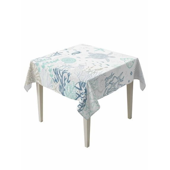 Coastal Table Cloth, Turquoise Blue Turtle Starfish Coral Jellyfish Waterproof Tablecloth for Square Tables, Reusable Washable Fabric Table Cover for Restaurant Kitchen Dining Tables 54"x54"