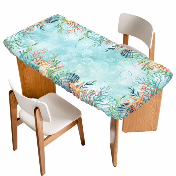 Coastal Table Cloths for 5 Foot Rectangle Tables, Summer Nautical Beach Coral Starfish Blue Ombre Patio Waterproof Elastic Fitted Tablecloths, Washable Rectangular Table Cover for Camping