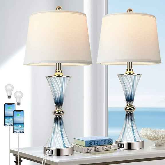 Coastal Table Lamps for Bedrooms with 2 USB ports 3-Way Dimmable Touch Bedside Lamps