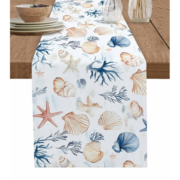 Coastal Table Runner 36 Inches, Coral Starfish Shell Couch Ocean Beach Summer Bed Runner Dresser Scarves Tabletop for Indoor Outdoor Parties/Ceremony/Banquet, 13"x 36"