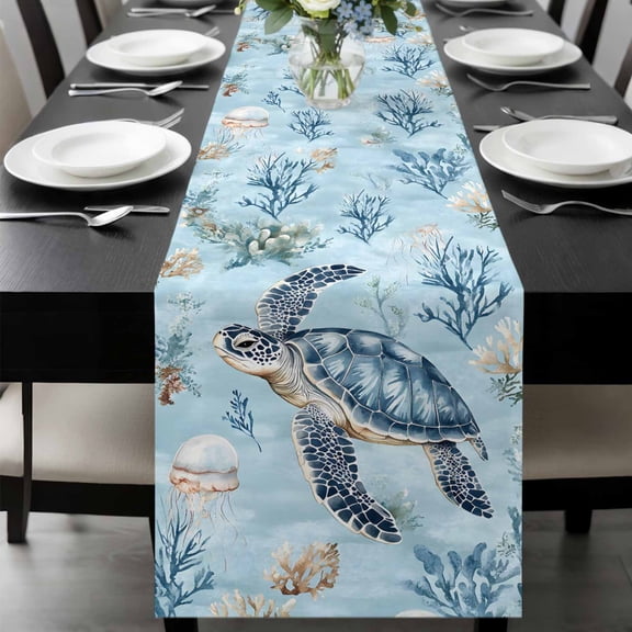 Coastal Table Runner 48 Inches Long, Sea Turtle Summer Beach Nautical Coral Kitchen Coffee Dining Table Decoration for Home Party Birthday Wedding Home Decor 13x48 Inches