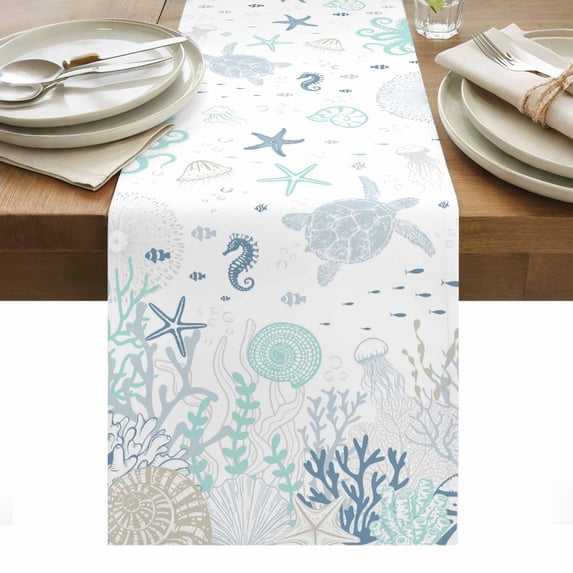 Coastal Table Runner - 70 Inch Long, Kitchen Dining Table Runner Dresser Scarves, Turquoise Blue Turtle Starfish Coral Jellyfish Farmhouse Decor for Coffee Tables Wedding Party Banquet