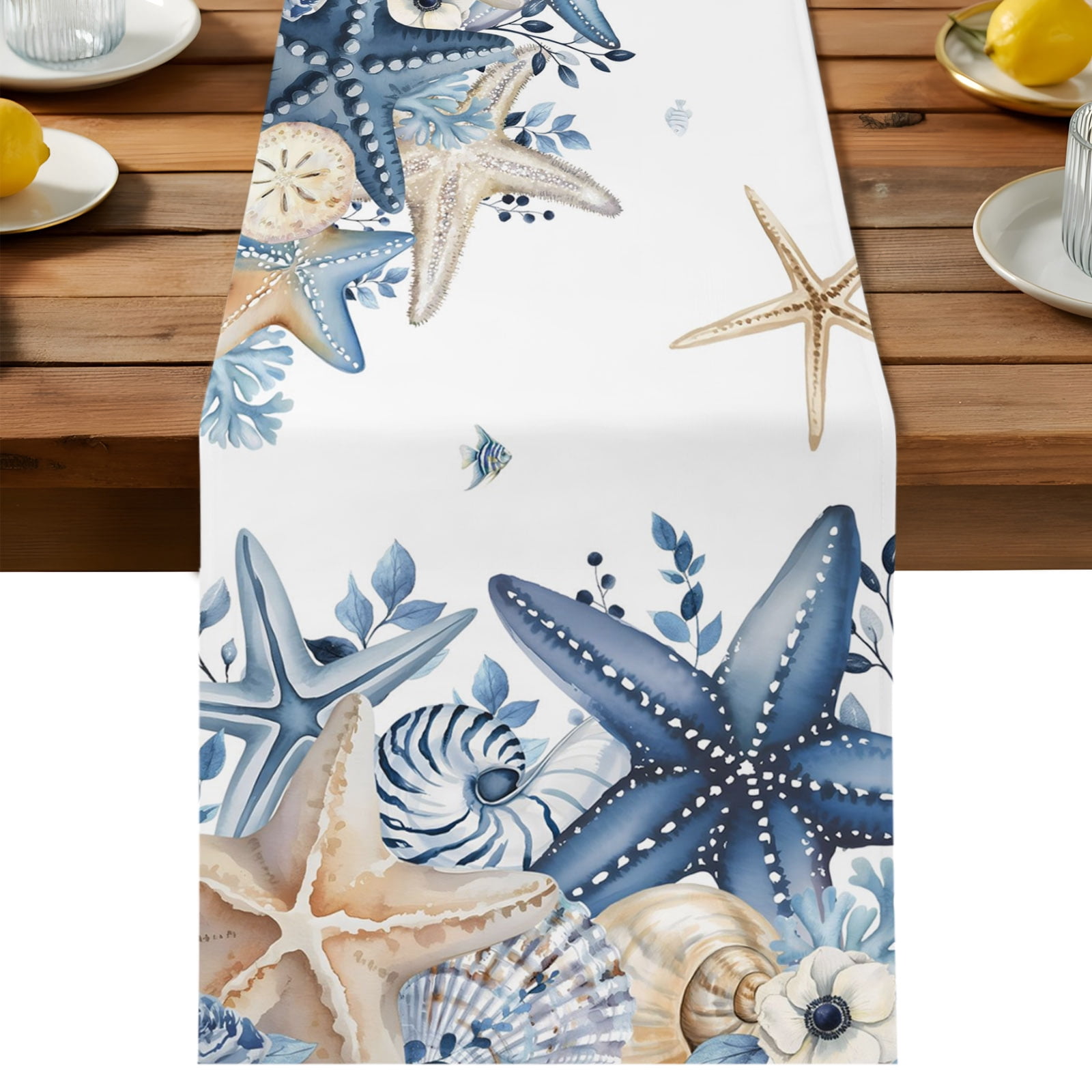 Coastal Table Runner, Ocean Blue Beige Starfish Shells Eucalyptus Leaves Cotton Linen Table Cloth, Tablerunner for Kitchen Dining Party Wedding Home Decor 13x90 Inch