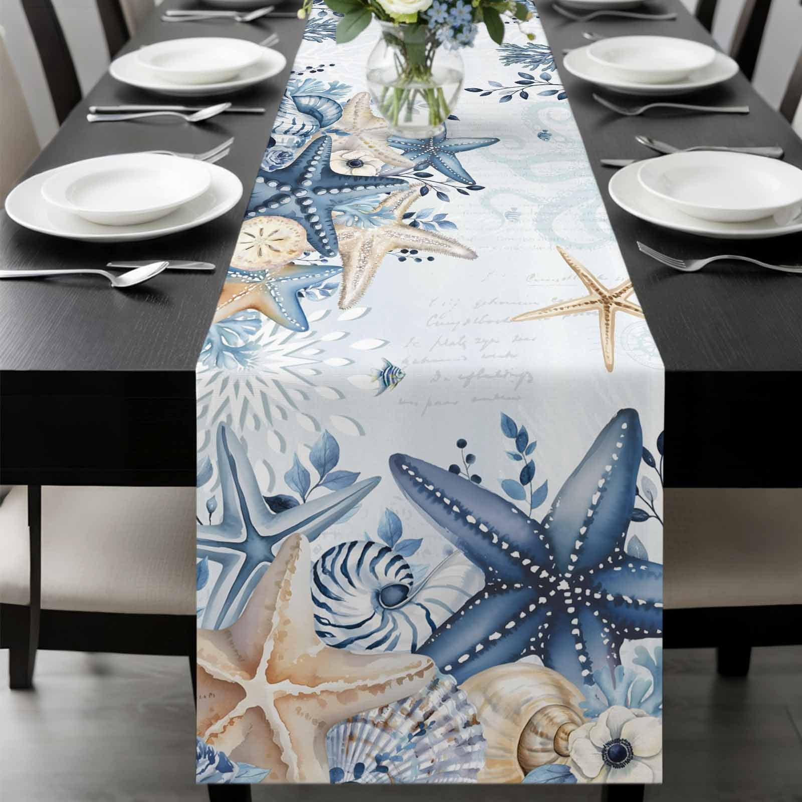 Shell Table Runner Coastal Table Runner, Ocean Blue Beige Starfish Shells Plant Leaves ...