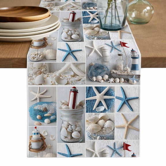 Coastal Table Runner, Summer Beach Starfish Nautical Sea Shell Washable Cotton Linen Table Runners 36 Inches Long, Dresser Scarf Runner for Nightstand/End Tables/Round Tables 13''x36''