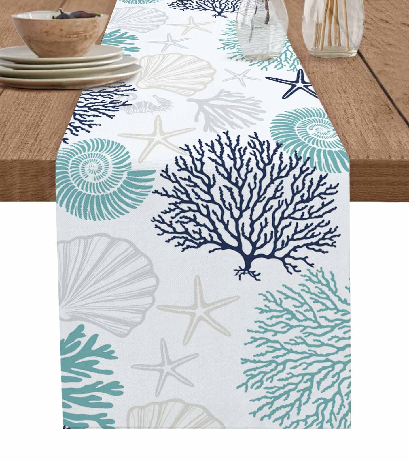 Coastal Table Runner Turquoise Blue Coral Starfish Shell Seahorse Tablerunners 14 x 72 Inch, Table Decorations Tabletop Scarf for Summer Gathering Holiday Farmhouse Kitchen Dining Decor