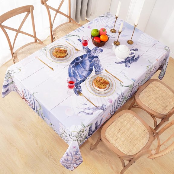 Coastal Tablecloth, Nautical Table Cloth, Ocean Sea Turtle Table Cover, Blue Grass Tablecloths, Spring Summer Waterproof Washable Table Covers for Kitchen Dining Table, 55 x 55 Inch