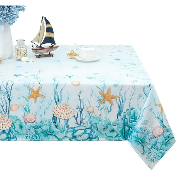 Coastal Tablecloth, Ocean Nautical Table Cloth, Coral Starfish Seashell Table Covers, Beach Themed Waterproof Table Cover for Dining Table Kitchen Party Picnic Camping, Square 52"x52"
