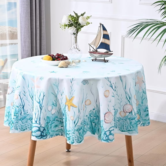 Coastal Tablecloth, Ocean Nautical Table Cloth, Coral Starfish Seashell Table Covers, Beach Themed Waterproof Table Cover for Kitchen Dining Table Picnic Party Camping, Round 60"x60"