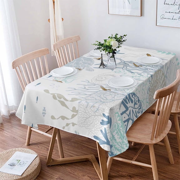 Coastal Tablecloth Rectangle Table Cloth 60x84 , Waterproof Tablecloth Outdoor Table Cloth, Turquoise Blue Turtle Starfish Coral Jellyfish Washable Table Cover for Kitchen Dining Party