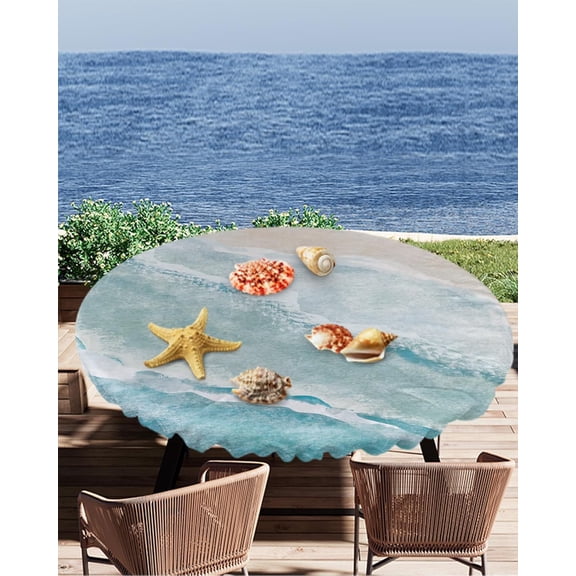 Coastal Tablecloth Round Fitted,Beach Table Cover Waterproof Reusable Ocean Table Cloth with Elastic Edge for Kitchen Dining Party Sea Wave 45-54in