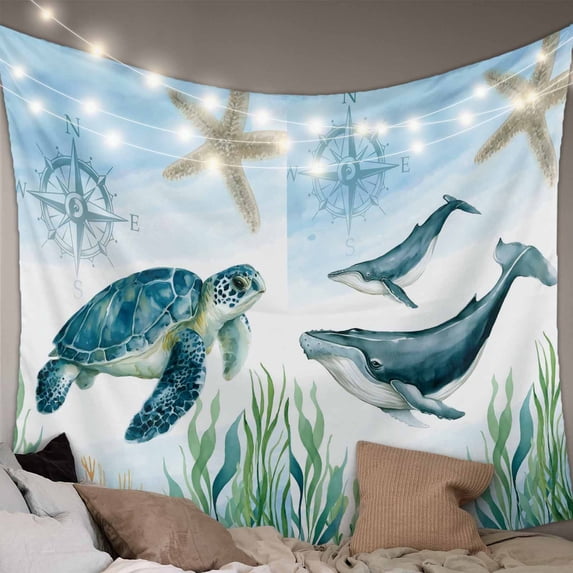 Coastal Tapestry for Bedroom Wall Hanging Tapestry, Ocean Turtle Seahorse Octopus Whale Beach Starfish Ceiling Backdrop Tapestries Poster Blanket Wall Decor for Teens Room Living Room Dorm 39" x 59"