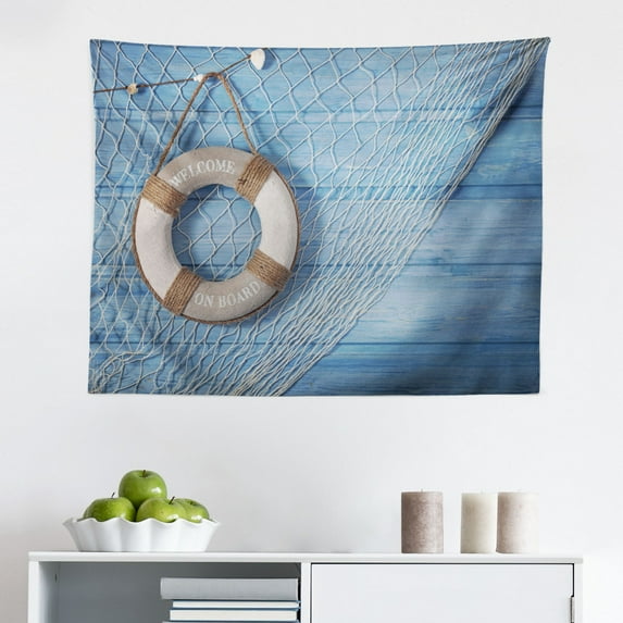 Coastal Tapestry, on Shabby Blue Planks Nature Antique Look Tourism Theme, Fabric Wall Hanging Decor for Bedroom Living Room Dorm, 2 Sizes, Pale Brown Pale Blue, by Ambesonne