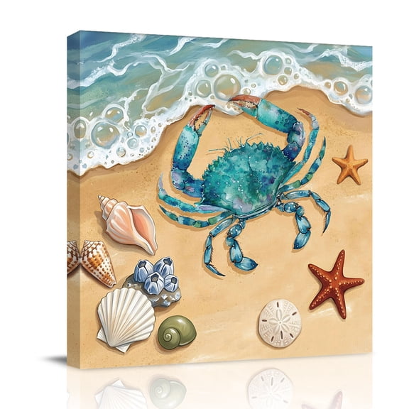 Coastal Teal Crab Canvas Wall Art for Living Room, Beach Starfish Shell Conch Nautical Ocean Wall Decor Framed Artwork Pictures Ready to Hang for Bedroom Office Home Decor