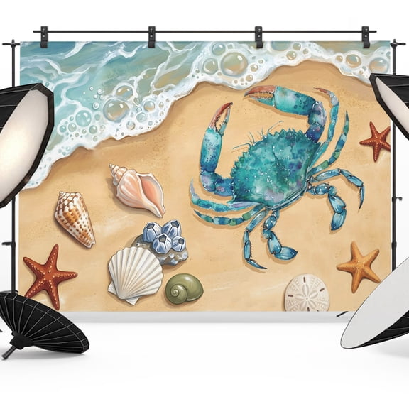 Coastal Teal Crab Photography Backdrop 7x5FT, Beach Starfish Shell Conch Nautical Ocean Photo Backdrops, Background for Photography Studio Photo Studio Background, Back Drop for Photoshoot