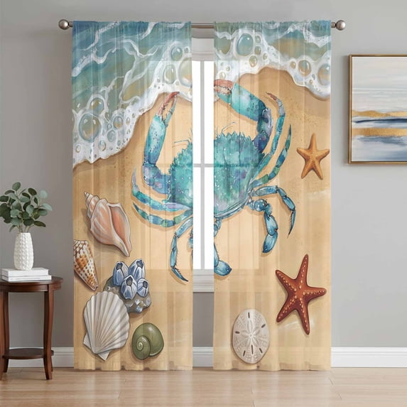 Coastal Teal Crab Sheer Curtains for Living Room Bedroom, Beach ...