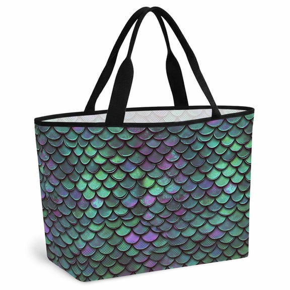 Coastal Teal Green Beach Bag for Women, Large Breathable Mesh Beach Tote Bag, Modern Ocean Mermaid Scales Sandproof Lightweight Travel Bags for Vacation Picnic Swimming Pool 15.7"x15.7"x9.1"