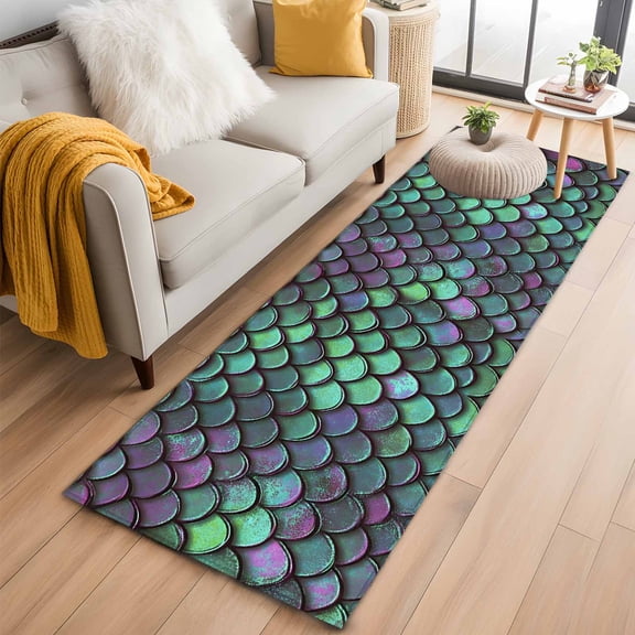 Coastal Teal Green Runner Rug 2x6 FT, Non Slip Hallway Rugs, Modern Ocean Mermaid Scales Washable Soft Floor Carpet Non-Shedding Throw Runner Carpet Long Rug for Entryway Kitchen Bedside Sliding Door