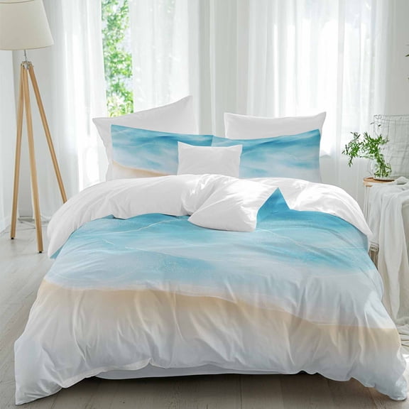 Coastal Teal Ocean Water Comforter Set Queen Size, Sandy Beach Summer Modern Nautical Soft Bedding Set for Man Woman, 4 Pieces Duvet Cover Set with Fitted Sheet, 2 Pillowcases