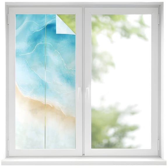 Coastal Teal Ocean Water Window Privacy Film, Sandy Beach Summer Modern Nautical Frosted Glass Window Clings Static Cling UV Heat Blocking Reusable Door Sticker for Bathroom 17.7 x 39.3 Inch