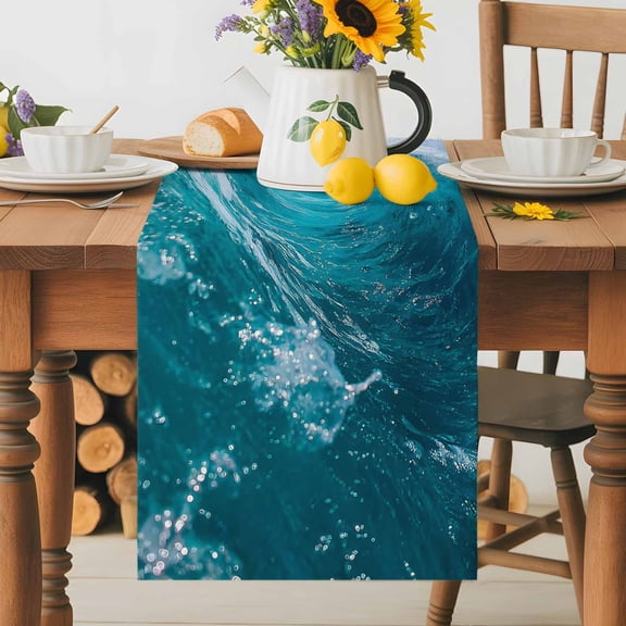 Coastal Teal Ocean Wave Sea Foam Table Runner 72 Inches Long, Coastal Water Splash Table Runners Tabletop Scarf Kitchen Dining Tables Decoration for Home Party Indoor Outdoor