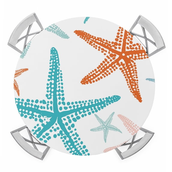 Coastal Teal Orange Starfish Round Table Cover, Nautical Minimalist Ocean Summer Waterproof Fitted Tablecloths for 45"-54" Tables, Washable Picnic Table Cover for Camping Dining Indoor Outdoor