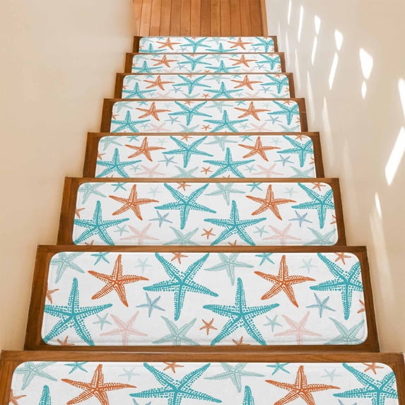 Coastal Teal Orange Starfish Stair Treads Non Slip for Steps Nautical Minimalist Ocean Summer 4 Pcs Reusable Adhesive Stair Runner Mats for Dogs Elders Carpet Treads Rugs for Staircase 8x30 In