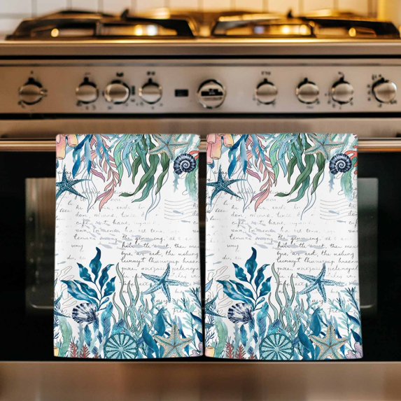 Coastal Teal Seaweed Kitchen Towels Set of 1, Summer Beach Coral Starfish Retro Absorbent Dish Towels for Kitchen, Microfiber Hand Towel, Quick Drying Tea Towel for Cleaning Decorative Dishcloths