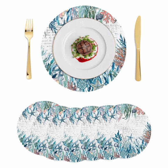 Coastal Teal Seaweed Round 15 Inch Placemats Set of 6, Summer Beach Coral Starfish Retro HeatResistant Non Slip Place Mats for Dining Table, Wipeable Braided Kitchen Table Mats for Housewarming