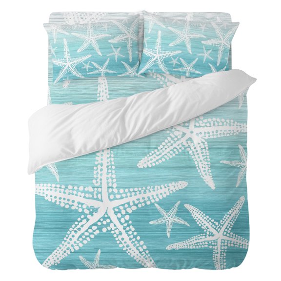 Coastal Teal Starfish Bedding Duvet Cover Set King Size 4 Pieces, Nautical Ocean Summer Minimalist Gradient Bedding Set with Zipper, 1 Comforter Cover 104x90 Inches 1 Flat Sheet & 2 Pillow Cases