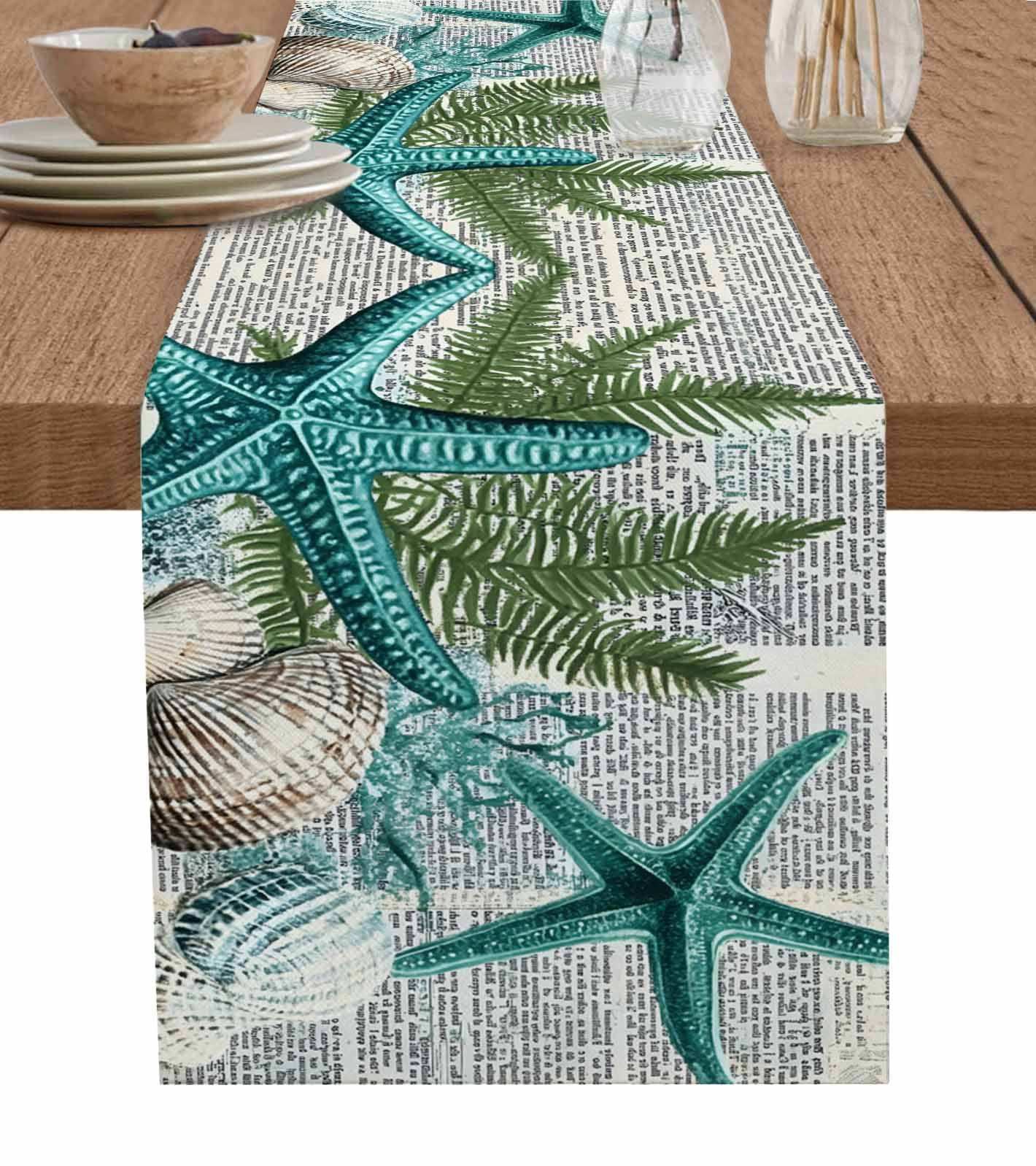 Coastal Teal Starfish Burlap Cotton Table Runner 13x90 Inches Long ...