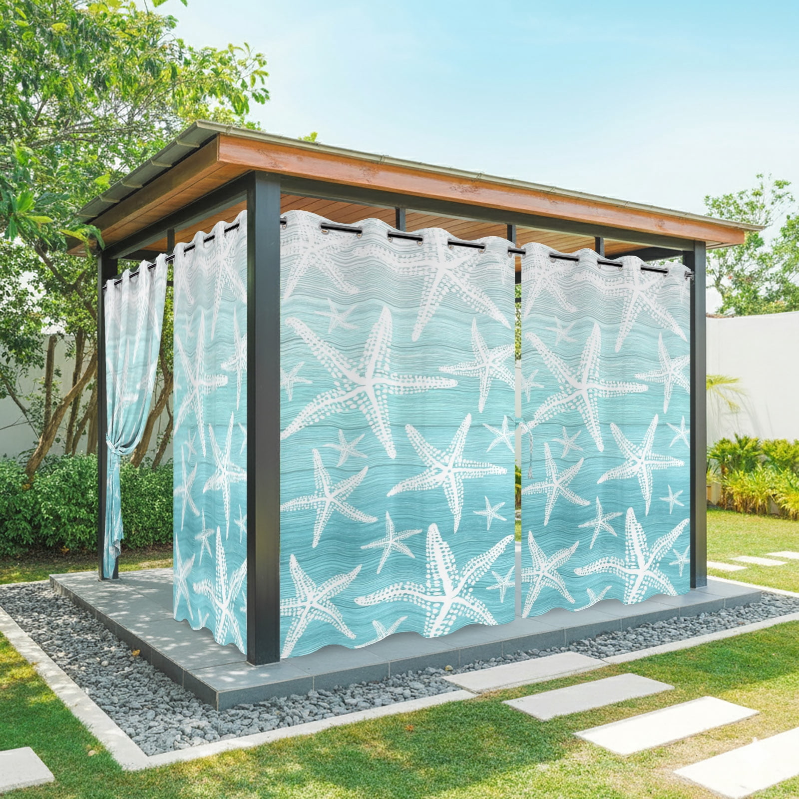 Coastal Teal Starfish Outdoor Curtains for Patio, Nautical Ocean Summer Minimalist Gradient Sunshade Privacy Drapes Grommet Waterproof Outside Curtains for Porch/Cabana/Balcony 54"x 108", 1 Panel