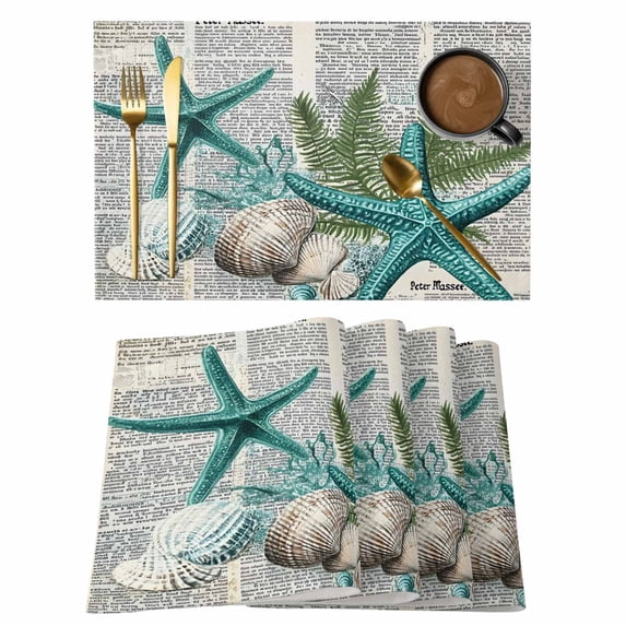 Coastal Teal Starfish Placemats Set of 8 Summer Ocean Beach Shell Pine Leaf Place Mats Indoor Wipeable Table Mats Washable Cloth Dining Table Placemats for Kitchen Holiday Party Home Decor 13x19 Inch