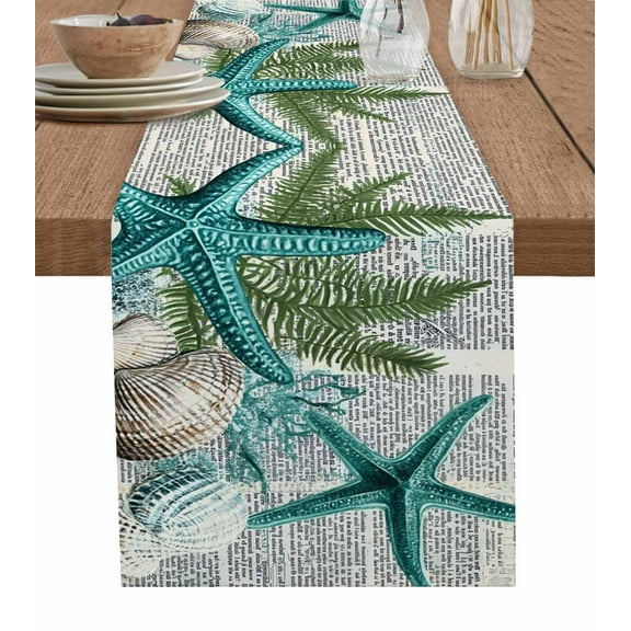 Coastal Teal Starfish Table Runner 36 Inches, Summer Ocean Beach Shell Pine Leaf Bed Runner Dresser Scarves Tabletop for Indoor Outdoor Parties/Ceremony/Banquet, 13"x 36"