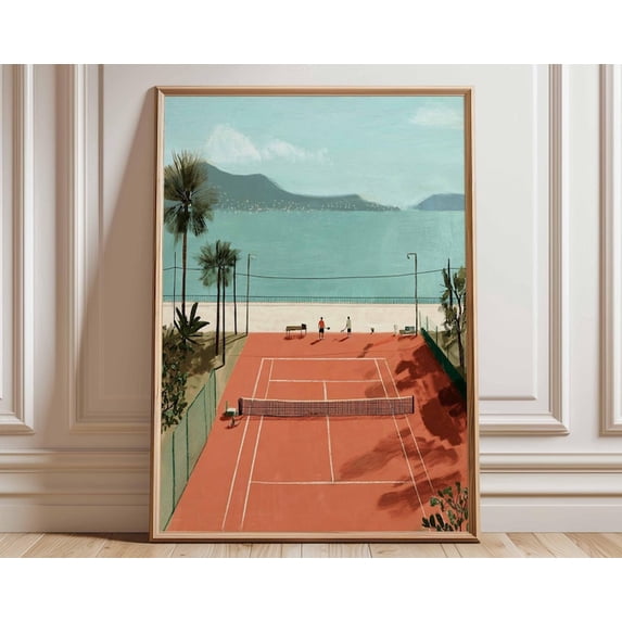 Coastal Tennis Court Palm Tree Wall Art Print, Unframed Paper Poster 24x36in