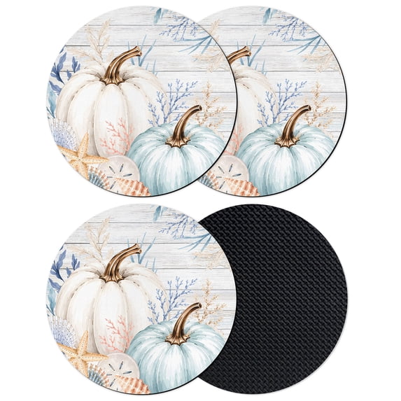 Coastal Thankgiving Coasters Set of 4, Absorbent Coasters for Drinks, Gray Pumpkin Starfish Corals Wooden Coaster for Desk Coffee Table Protection, Home Decor House Warming Gifts 4"