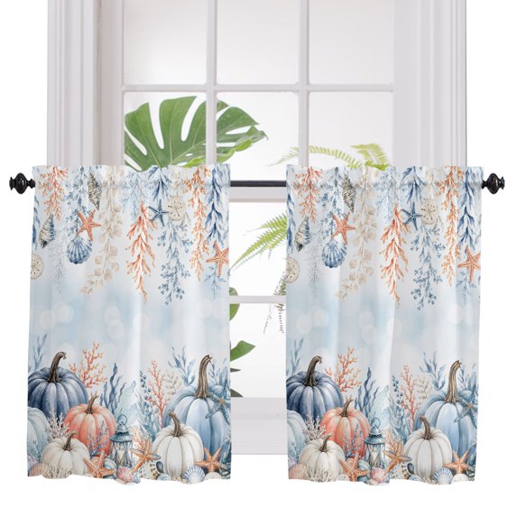 Coastal Thanksgiving Bathroom Window Curtain, Fall Pumpkins Weep Leaves Ocean Light Filtering Coffee Kitchen Curtains, Bedroom Living Room Curtains 2 Panel 84"x45"