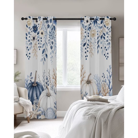 Coastal Thanksgiving Blackout Curtains 2 Panels, Botanical Blue White Pumpkin Cone Shell Fall Thermal Insulated Grommet Window Curtains for Bedroom Living Room 42"x45"