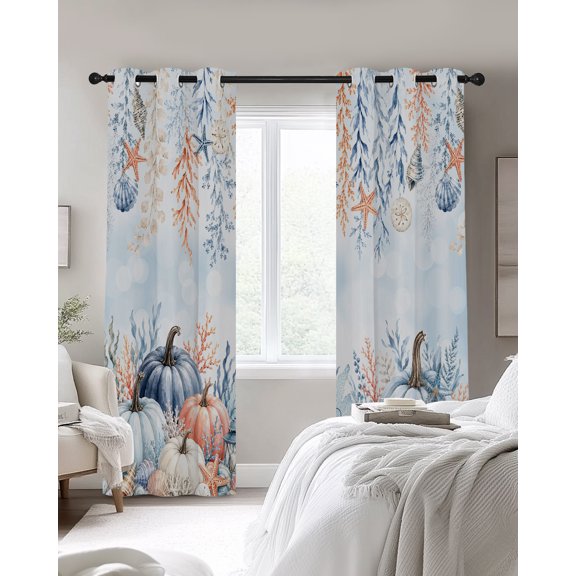 Coastal Thanksgiving Blackout Curtains 2 Panels, Orange Blue Fall Pumpkin Seaweed Ombre Thermal Insulated Grommet Window Curtains for Bedroom Living Room 42"x45"