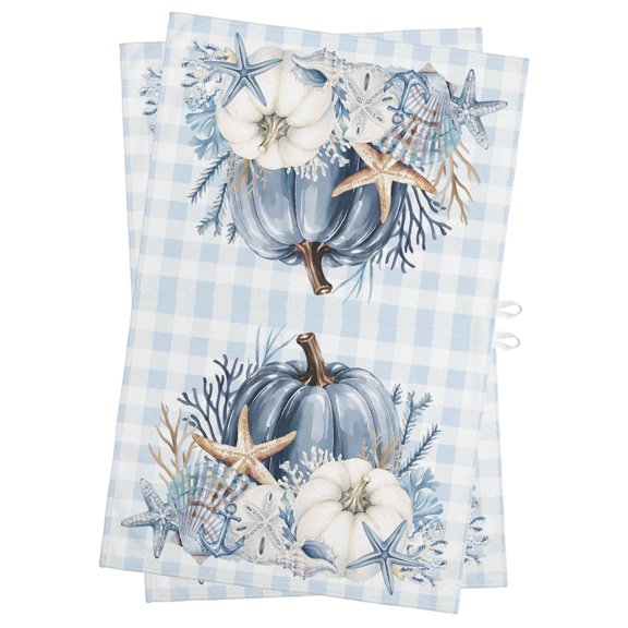 Coastal Thanksgiving Kitchen Towels Dish Towel Pack of 2 Rustic Blue Pumpkin Starfish Blue Plaid Soft Dish Cloth Set Absorbent Dishcloth for Drying Dishes, Hand Towels 18 x 28 Inches