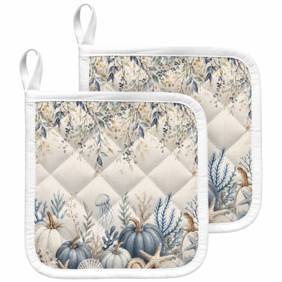 Coastal Thanksgiving Pot Holders for Kitchen Heatproof Potholder, 2 Pack Fall Pumpkins Eucalyptus Leaf Rustic Hot Pads Multipurpose Oven Pads Terry Cloth Potholders Trivet for Cooking and Baking