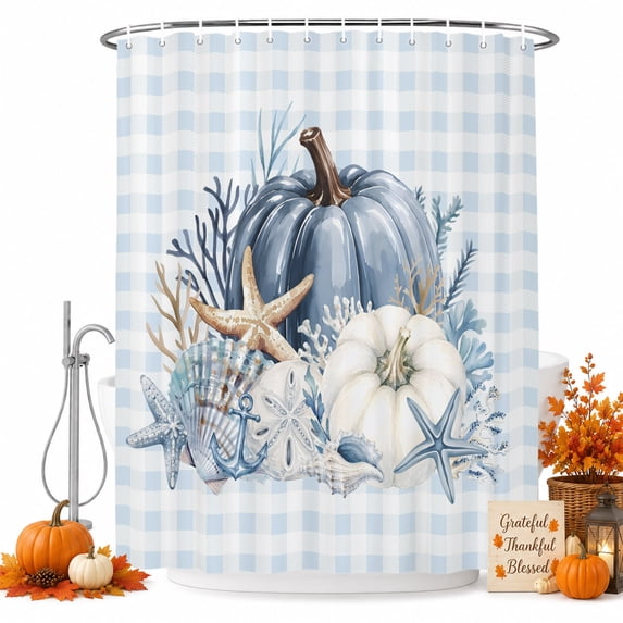 Coastal Thanksgiving Shower Curtain Set - 48" x 72" Washable Bathtub Curtain with 12 Hooks, Fall Pumpkins Starfish Blue Plaid Waterproof Fabric Stall Shower Curtains for Bathroom/Bathtub Décor