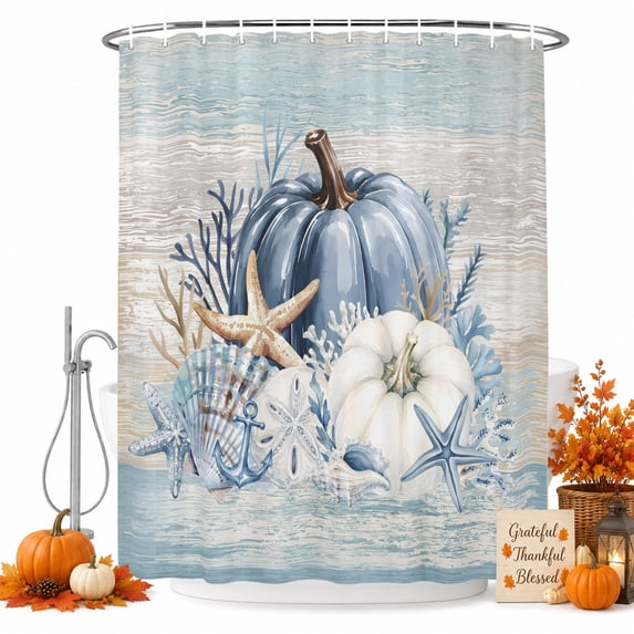 Coastal Thanksgiving Shower Curtain Set - 72" x 78" Washable Bathtub Curtain with 12 Hooks, Fall Pumpkins Starfish Brown Wooden Waterproof Fabric Stall Shower Curtains for Bathroom/Bathtub Décor