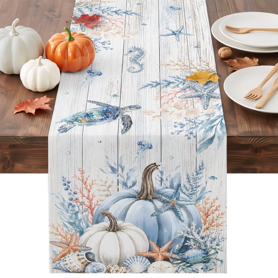 Coastal Thanksgiving Table Runner - 36 Inch Long Fall Pumpkins Sea Turtle Grey Wooden Cotton and Linen Blended Dress Scarves Farmhouse Table Runner for Kitchen Dining, Coffee Table, 13" x 36"