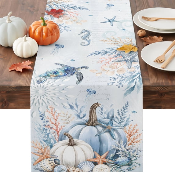Coastal Thanksgiving Table Runner - 72 Inch Long Fall Pumpkins Sea Turtle Coral Ocean Cotton and Linen Blended Dress Scarves Farmhouse Table Runner for Kitchen Dining, Coffee Table, 13" x 72"