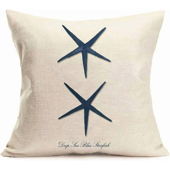 Coastal Theme Home Decorations Throw Pillow Case Marine Organism Blue Starfish Pattern Cushion Covers Cotton Linen 18"x18" Pillowcase